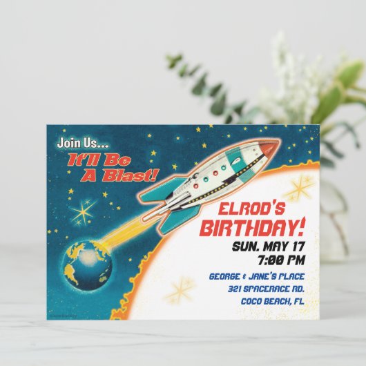 Retro Space Thema Feest Uitnodigingen (Staand voorkant)