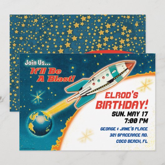 Retro Space Thema Feest Uitnodigingen (Voorkant / Achterkant)