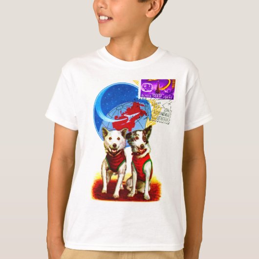RETRO SPACE TRAVEL DOG ASTRONAUWEN T-SHIRT (Voorkant)