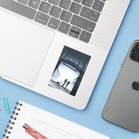 Retro Space Travel Poster Dwerg Planet Ceres. Sticker (Laptop met iPhone)