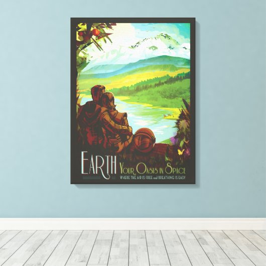 Retro Space Travel Poster-Een Aarde Wetenschap Mis Canvas Afdruk (Insitu (Houten vloer))