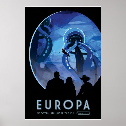 Retro Space Travel Poster - Jupiter's Moon Europa. (Voorkant)