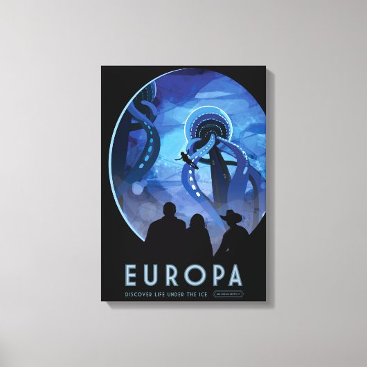 Retro Space Travel Poster - Jupiter's Moon Europa. Canvas Afdruk (Voorkant)