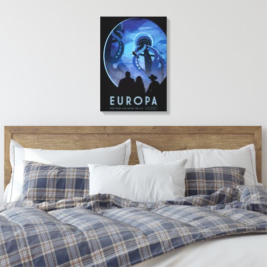 Retro Space Travel Poster - Jupiter's Moon Europa. Canvas Afdruk (Insitu (Slaapkamer))