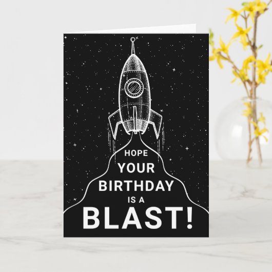 Retro Spaceship Black and White Birthday Kaart (Gele Bloem)