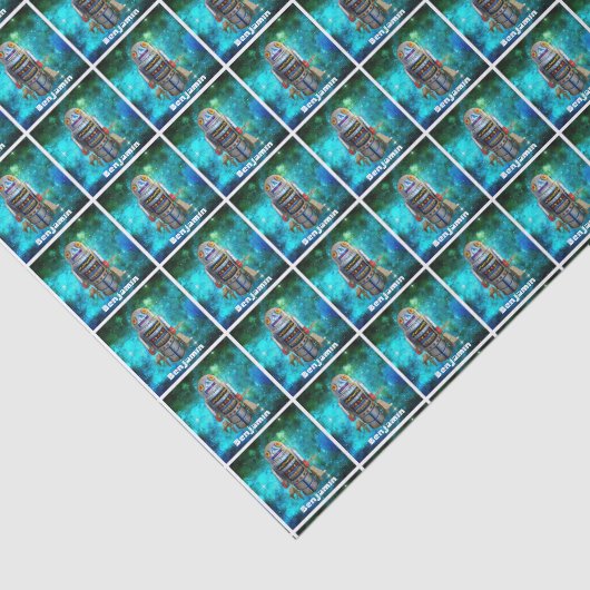 Retro speelgoed robot blauw Sci Fi galaxy aangepas Tissuepapier (Detail)