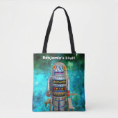  retro speelgoed robot in galaxy add jouw naam tote bag (Voorkant)