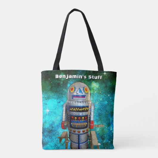  retro speelgoed robot in galaxy add jouw naam tote bag (Achterkant)