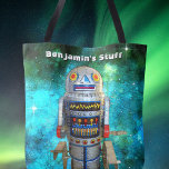 retro speelgoed robot in galaxy add jouw naam tote bag<br><div class="desc">Ik hou van schattige, retro gezichten op , kindertijd metal speelgoed wind-up robots. Hier is een van mijn favorieten, ingesteld tegen een turquoise blauwe bubbel sterrenstelsel hemel. Wees een trendsetter wanneer je deze leuke, kleurrijke, gepersonaliseerde naam canvas tas gebruikt. Maakt een geweldig cadeau voor iemand speciaal! Typ gewoon de naam...</div>