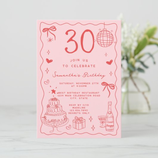 Retro Speels Excentriek Rood Roze 30e Verjaardag Kaart (Staand voorkant)