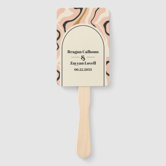 Retro Spiraal Boog Roze Zwart Gouden Trouwprogramm Handwaaier (Voorkant)