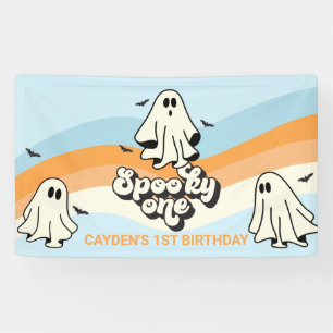 Retro spook Halloween griezelige Eén blauw Spandoek