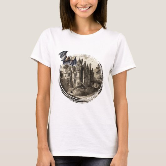Retro  spookhuis van Dracula en een vleermuis T-shirt (Voorkant)