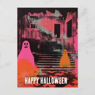 Retro spookt Halloween Huis Roze Sinaasappel Geest Briefkaart