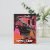 Retro spookt Halloween Huis Roze Sinaasappel Geest Briefkaart (Staand voorkant)