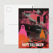 Retro spookt Halloween Huis Roze Sinaasappel Geest Briefkaart (Voorkant / Achterkant)