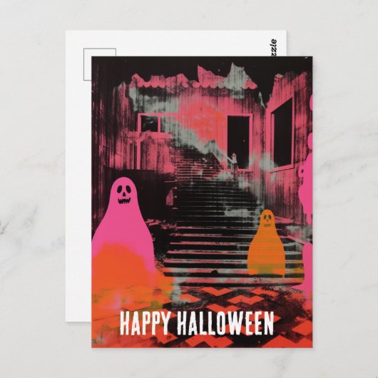 Retro spookt Halloween Huis Roze Sinaasappel Geest Briefkaart (Voorkant / Achterkant)