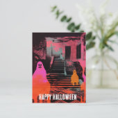 Retro spookt Halloween Huis Roze Sinaasappel Geest Briefkaart (Staand voorkant)