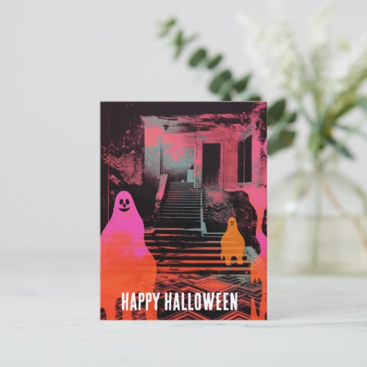 Retro spookt Halloween Huis Roze Sinaasappel Geest Briefkaart (Staand voorkant)