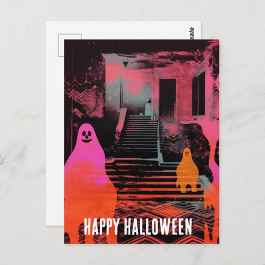 Retro spookt Halloween Huis Roze Sinaasappel Geest Briefkaart (Voorkant / Achterkant)