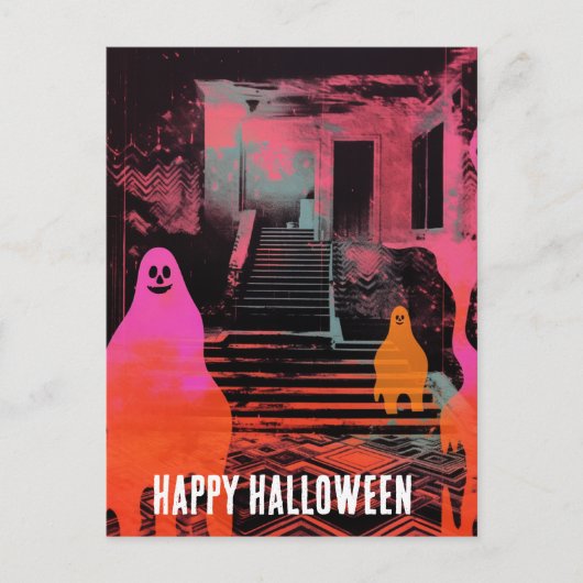 Retro spookt Halloween Huis Roze Sinaasappel Geest Briefkaart (Voorkant)