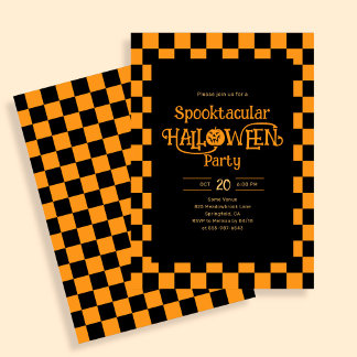 Retro Spooktacular Halloween Checkered Orange Kaart