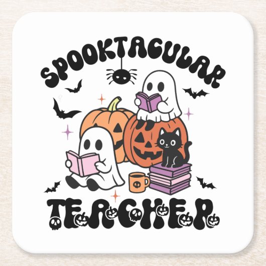 Retro Spooktacular Teacher Halloween Ghost Kartonnen Onderzetters (Voorkant)
