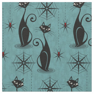 Retro Spooky Cats and Spiders op Distress Blue Stof