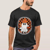 Retro Spooky Fun Ghost met geruite achtergrond T-shirt (Voorkant)
