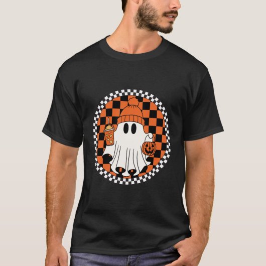 Retro Spooky Fun Ghost met geruite achtergrond T-shirt (Voorkant)