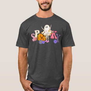 Retro Spooky Ghost Pumpkin Spooky Vibes Happy Hall T-shirt