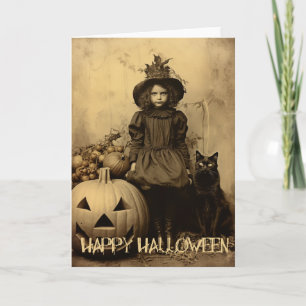 Retro spooky Halloween griezelig meisje met zwarte Feestdagen Kaart