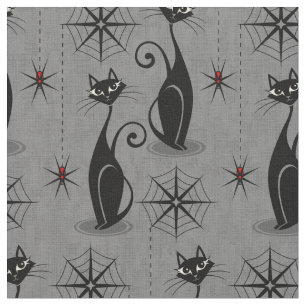 Retro Spooky Katten en Spinnen op Distressed Grey Stof