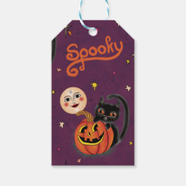 Retro Spooky Kitten Pumpkin Moons op Dark Paarse Cadeaulabel