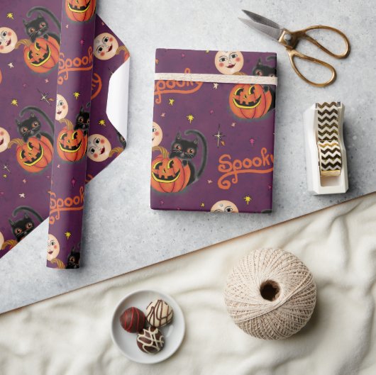 Retro Spooky Kitten Pumpkin Moons op Dark Paarse Cadeaupapier (Crafts)