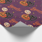 Retro Spooky Kitten Pumpkin Moons op Dark Paarse Cadeaupapier (Hoek)
