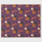 Retro Spooky Kitten Pumpkin Moons op Dark Paarse Cadeaupapier (Vlak)