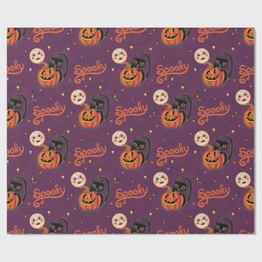Retro Spooky Kitten Pumpkin Moons op Dark Paarse Cadeaupapier (Vlak)