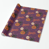 Retro Spooky Kitten Pumpkin Moons op Dark Paarse Cadeaupapier (Uitgerold)