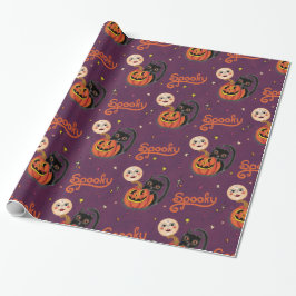 Retro Spooky Kitten Pumpkin Moons op Dark Paarse Cadeaupapier
