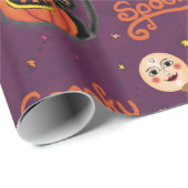 Retro Spooky Kitten Pumpkin Moons op Dark Paarse Cadeaupapier (Rol Hoek)