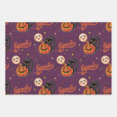 Retro Spooky Kitten Pumpkin Moons op Dark Paarse Inpakpapier Vel (Voorkant)