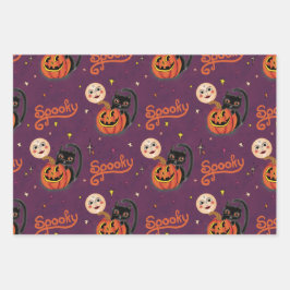 Retro Spooky Kitten Pumpkin Moons op Dark Paarse Inpakpapier Vel