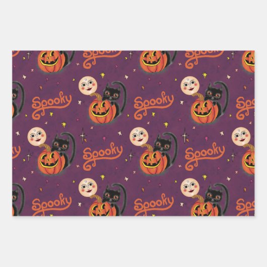 Retro Spooky Kitten Pumpkin Moons op Dark Paarse Inpakpapier Vel (Voorkant)