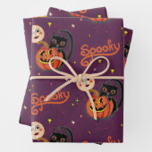 Retro Spooky Kitten Pumpkin Moons op Dark Paarse Inpakpapier Vel (In situ)