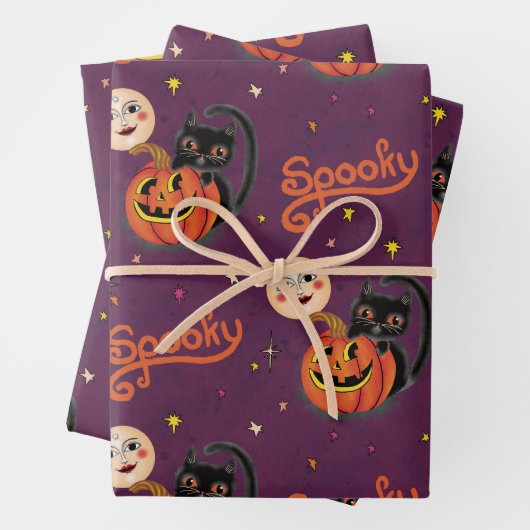 Retro Spooky Kitten Pumpkin Moons op Dark Paarse Inpakpapier Vel (In situ)