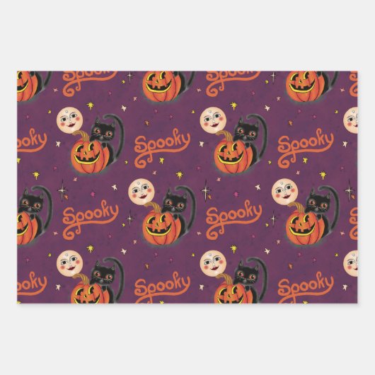 Retro Spooky Kitten Pumpkin Moons op Dark Paarse Inpakpapier Vel (Voorkant 3)