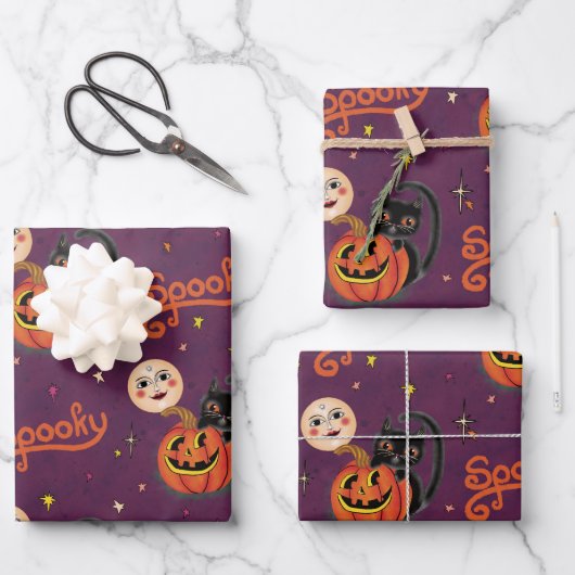 Retro Spooky Kitten Pumpkin Moons op Dark Paarse Inpakpapier Vel (Voorkant)
