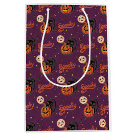 Retro Spooky Kitten Pumpkin Moons op Dark Paarse Medium Cadeauzakje