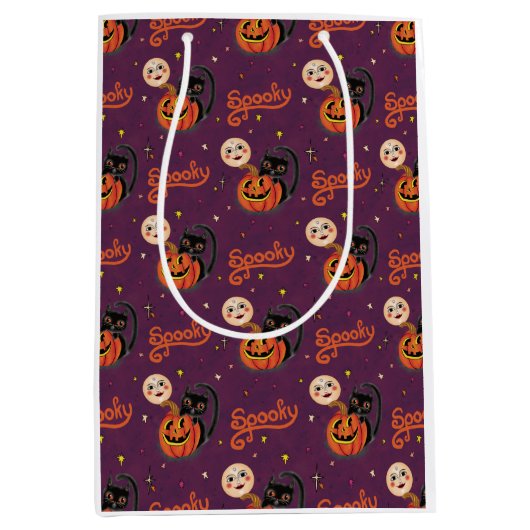 Retro Spooky Kitten Pumpkin Moons op Dark Paarse Medium Cadeauzakje (Voorkant)